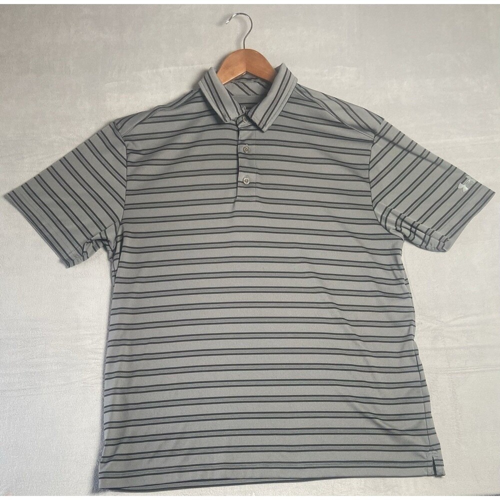 Under Armour Mens L Heat Gear Gray Black Striped Golf Polo Loose Performance
